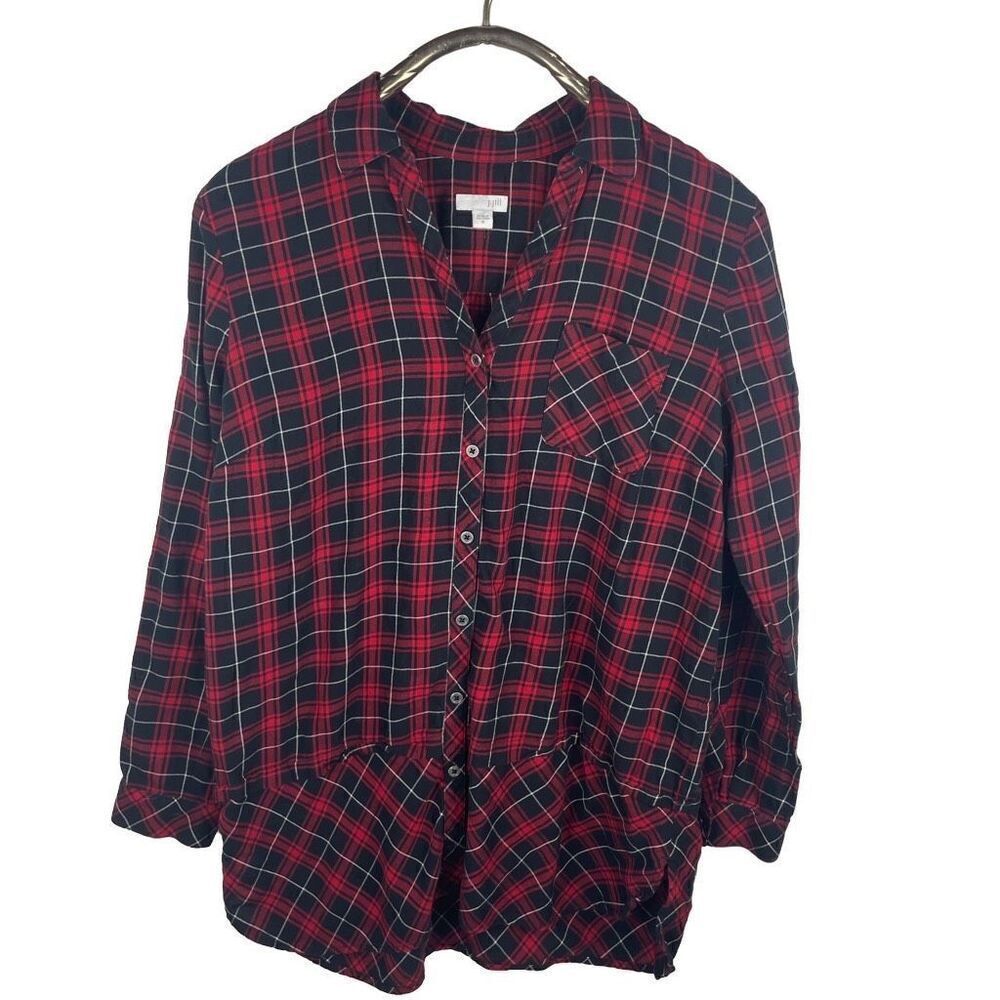 J. Jill‎ Red Black Checkered Long Line Flannel Button Up Shirt Size M